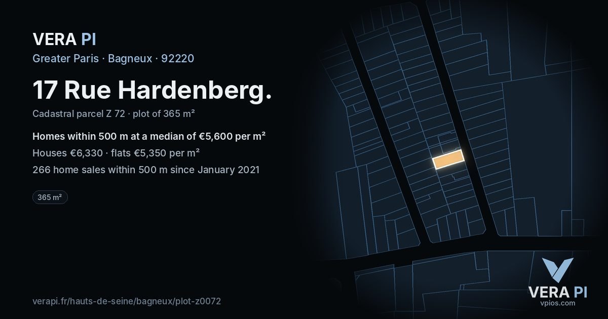 17 Rue Hardenberg, Bagneux at night – the plot lit, the parcels around coloured by the prices near them