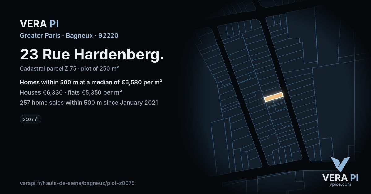 23 Rue Hardenberg, Bagneux at night – the plot lit, the parcels around coloured by the prices near them