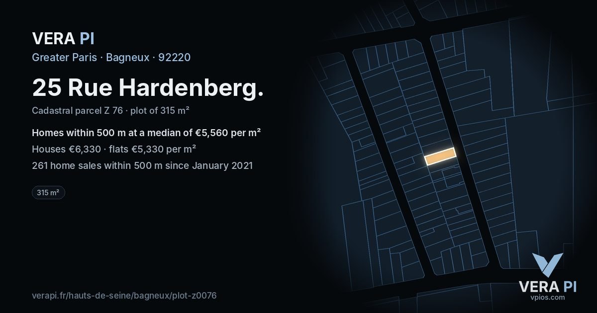 25 Rue Hardenberg, Bagneux at night – the plot lit, the parcels around coloured by the prices near them
