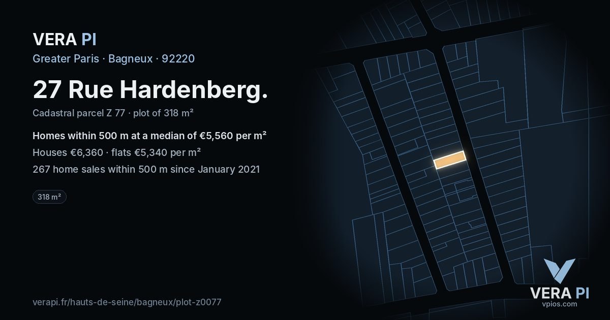 27 Rue Hardenberg, Bagneux at night – the plot lit, the parcels around coloured by the prices near them