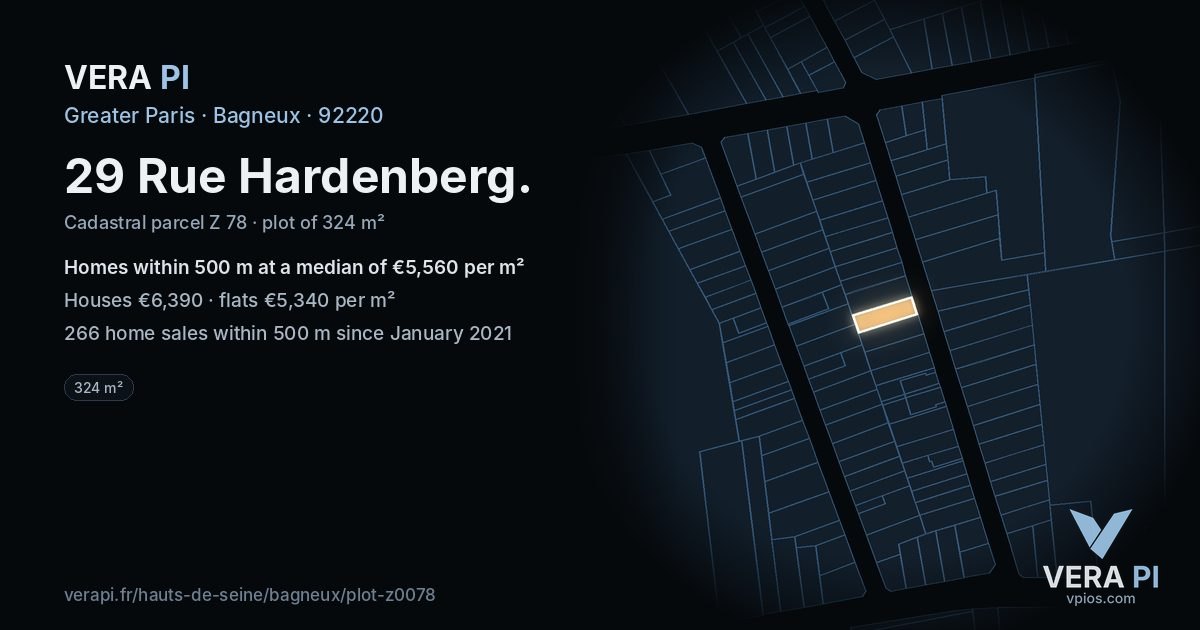 29 Rue Hardenberg, Bagneux at night – the plot lit, the parcels around coloured by the prices near them