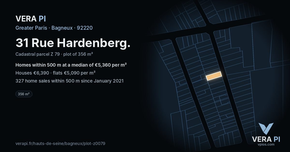 31 Rue Hardenberg, Bagneux at night – the plot lit, the parcels around coloured by the prices near them