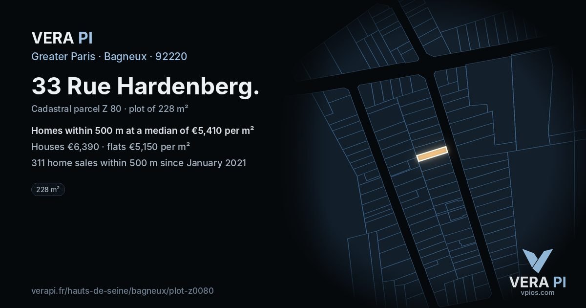 33 Rue Hardenberg, Bagneux at night – the plot lit, the parcels around coloured by the prices near them