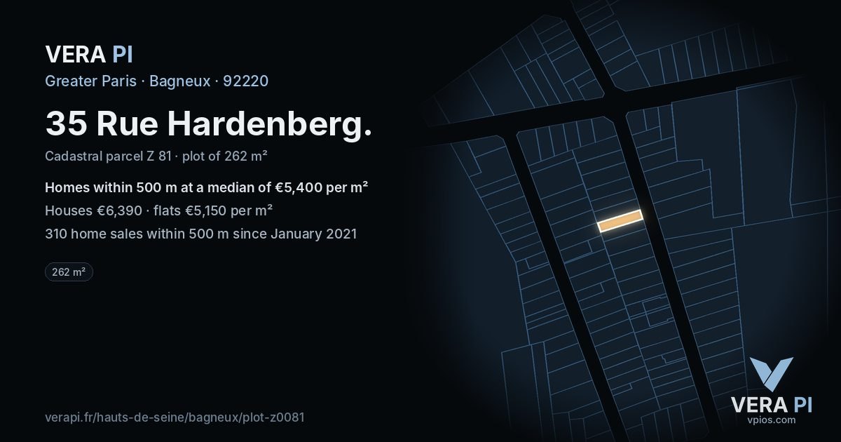 35 Rue Hardenberg, Bagneux at night – the plot lit, the parcels around coloured by the prices near them