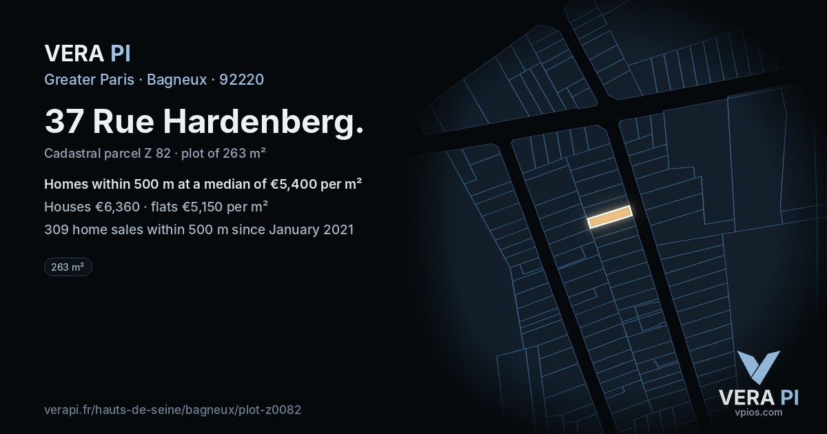 37 Rue Hardenberg, Bagneux at night – the plot lit, the parcels around coloured by the prices near them