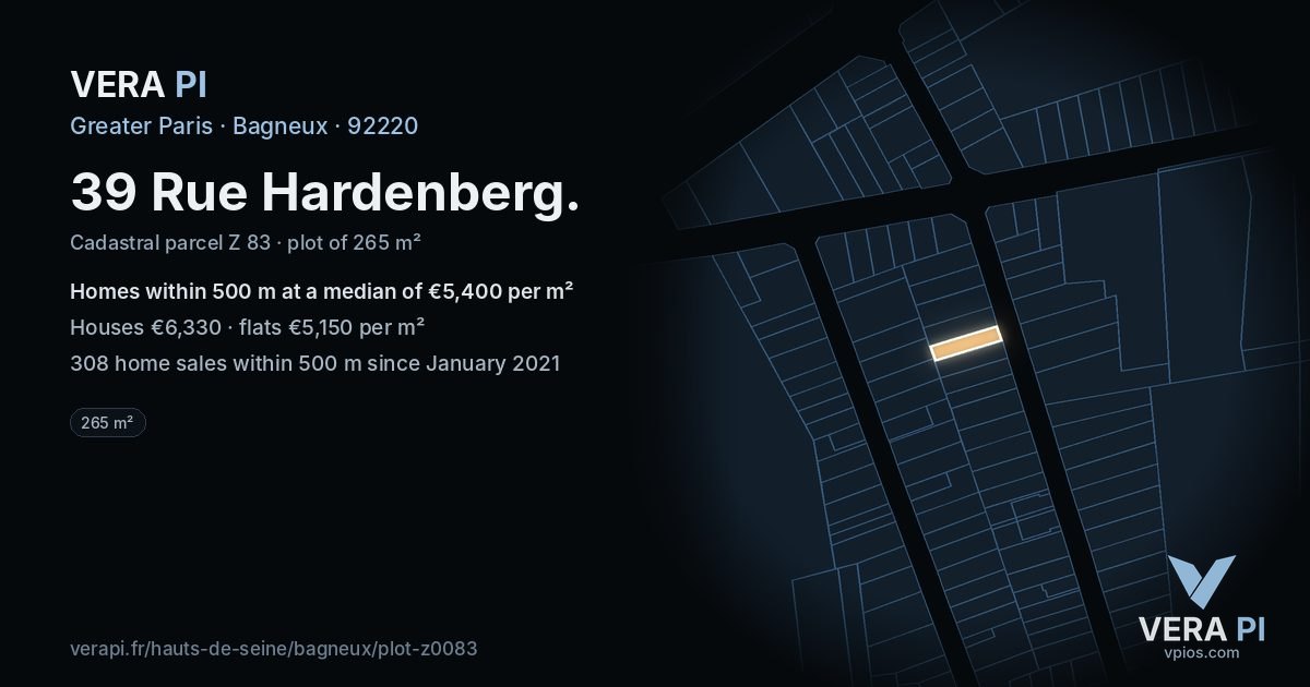 39 Rue Hardenberg, Bagneux at night – the plot lit, the parcels around coloured by the prices near them
