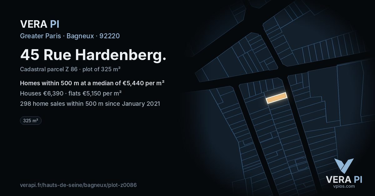 45 Rue Hardenberg, Bagneux at night – the plot lit, the parcels around coloured by the prices near them