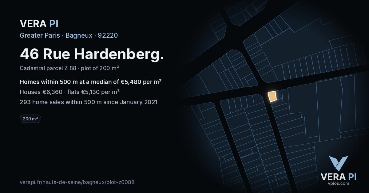46 Rue Hardenberg, Bagneux at night – the plot lit, the parcels around coloured by the prices near them