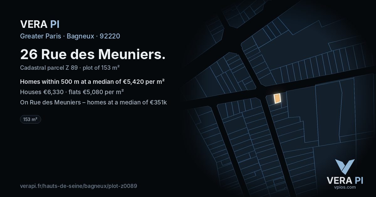 26 Rue des Meuniers, Bagneux at night – the plot lit, the parcels around coloured by the prices near them