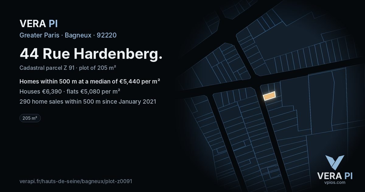 44 Rue Hardenberg, Bagneux at night – the plot lit, the parcels around coloured by the prices near them
