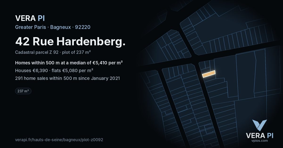 42 Rue Hardenberg, Bagneux at night – the plot lit, the parcels around coloured by the prices near them