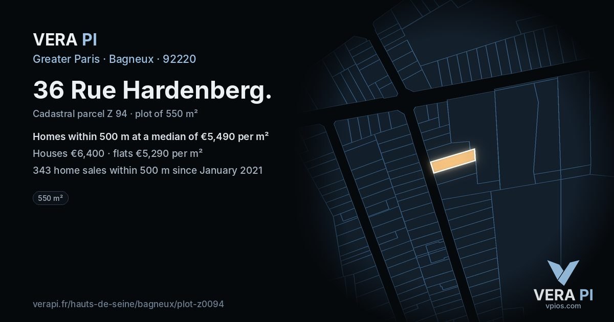 36 Rue Hardenberg, Bagneux at night – the plot lit, the parcels around coloured by the prices near them