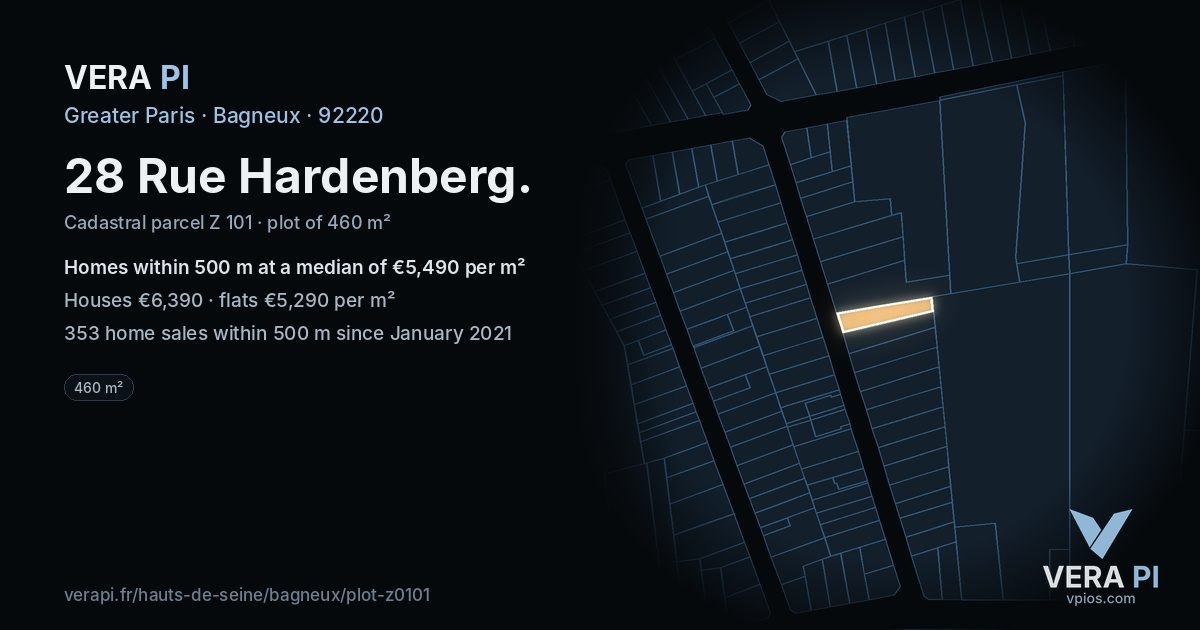 28 Rue Hardenberg, Bagneux at night – the plot lit, the parcels around coloured by the prices near them