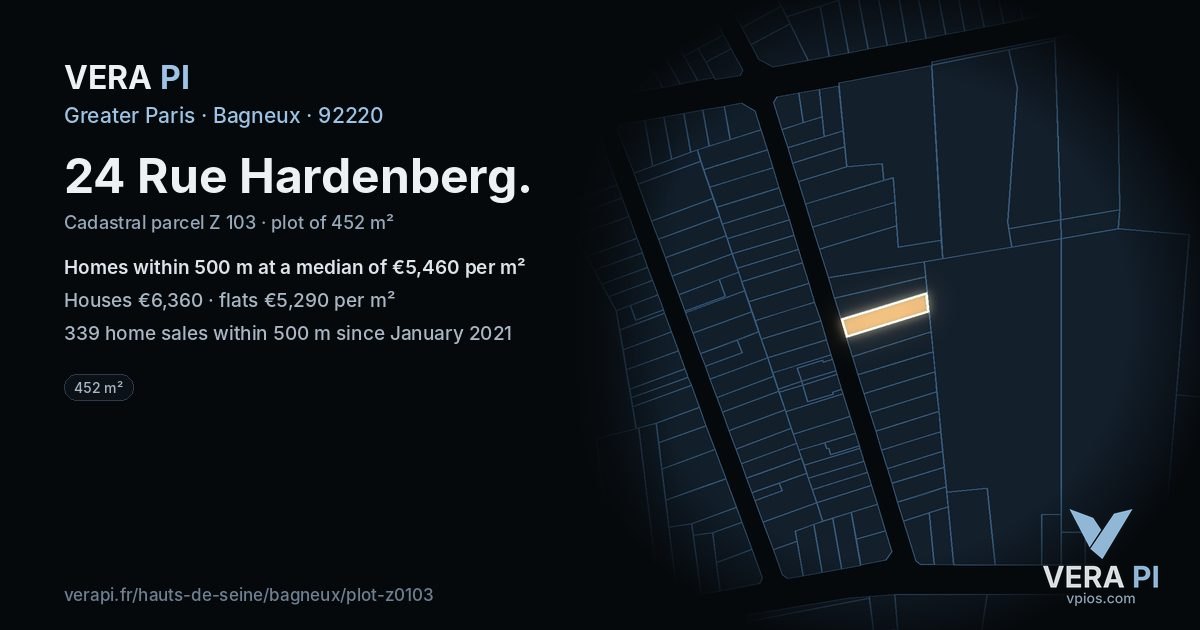 24 Rue Hardenberg, Bagneux at night – the plot lit, the parcels around coloured by the prices near them