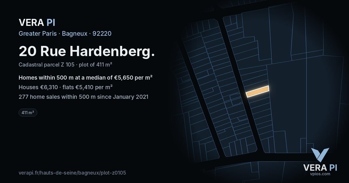 20 Rue Hardenberg, Bagneux at night – the plot lit, the parcels around coloured by the prices near them