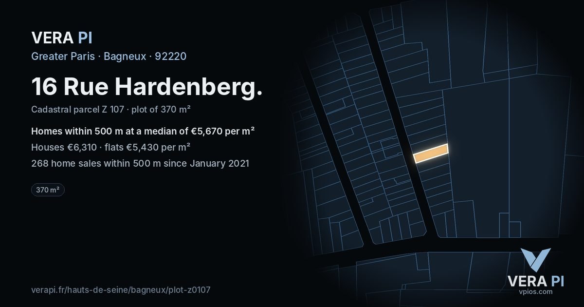 16 Rue Hardenberg, Bagneux at night – the plot lit, the parcels around coloured by the prices near them