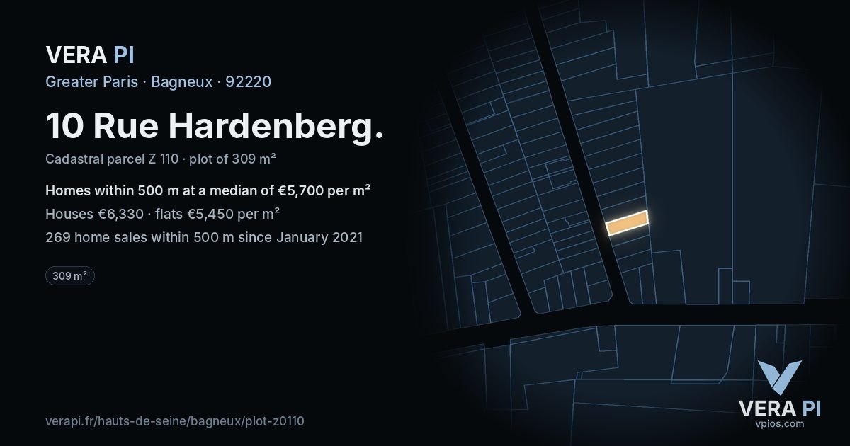 10 Rue Hardenberg, Bagneux at night – the plot lit, the parcels around coloured by the prices near them