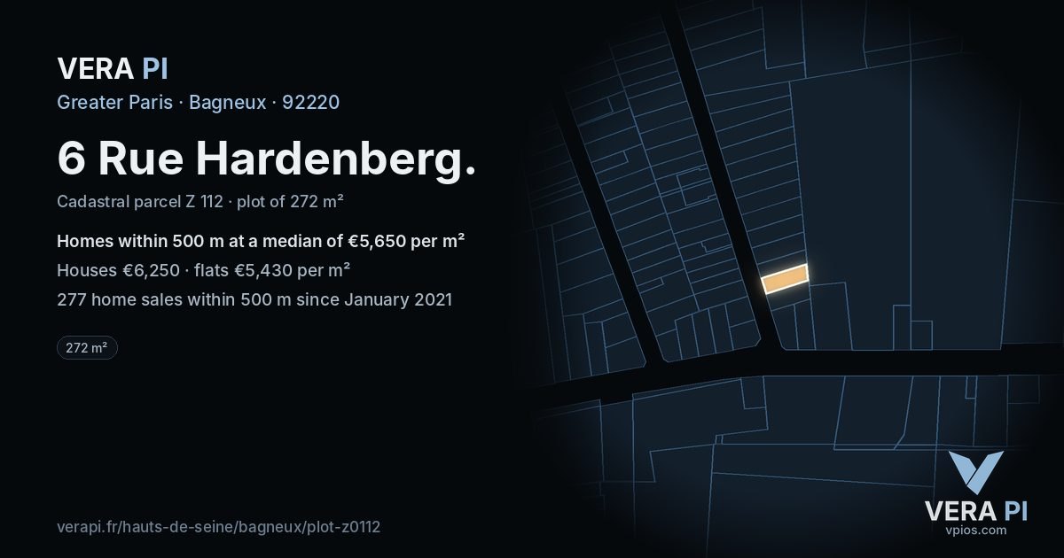 6 Rue Hardenberg, Bagneux at night – the plot lit, the parcels around coloured by the prices near them