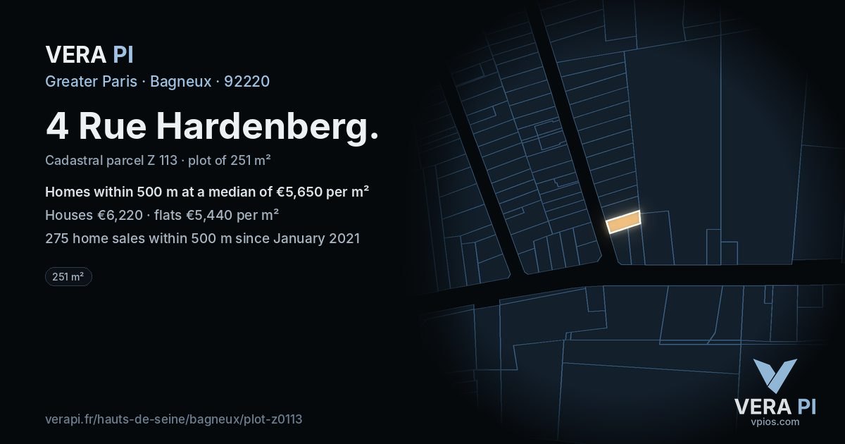 4 Rue Hardenberg, Bagneux at night – the plot lit, the parcels around coloured by the prices near them