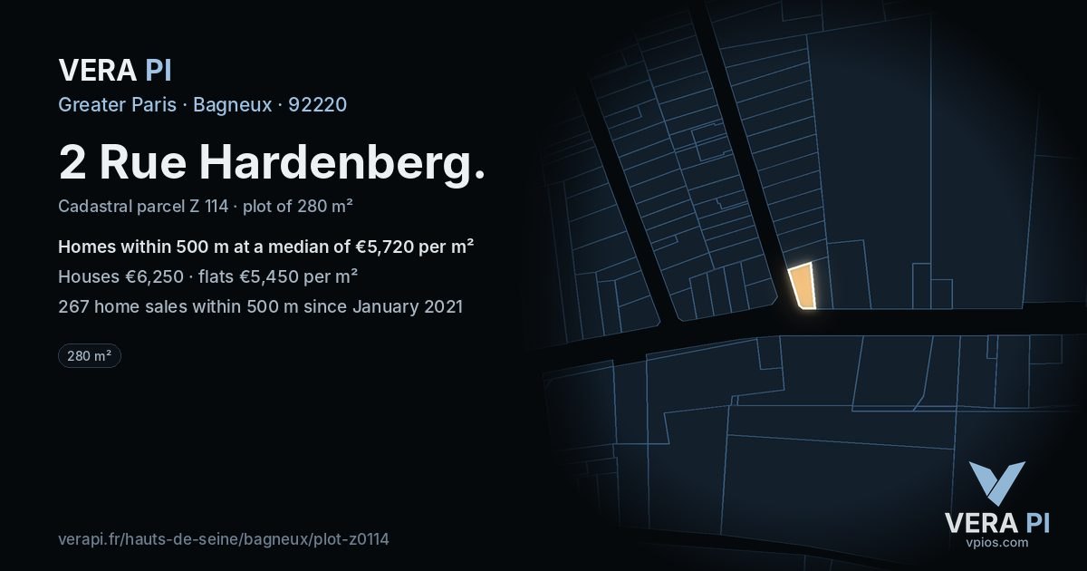 2 Rue Hardenberg, Bagneux at night – the plot lit, the parcels around coloured by the prices near them
