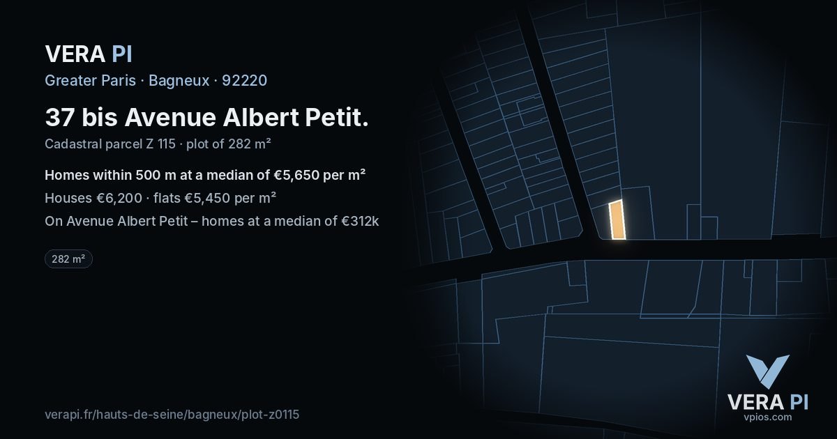 37 bis Avenue Albert Petit, Bagneux at night – the plot lit, the parcels around coloured by the prices near them