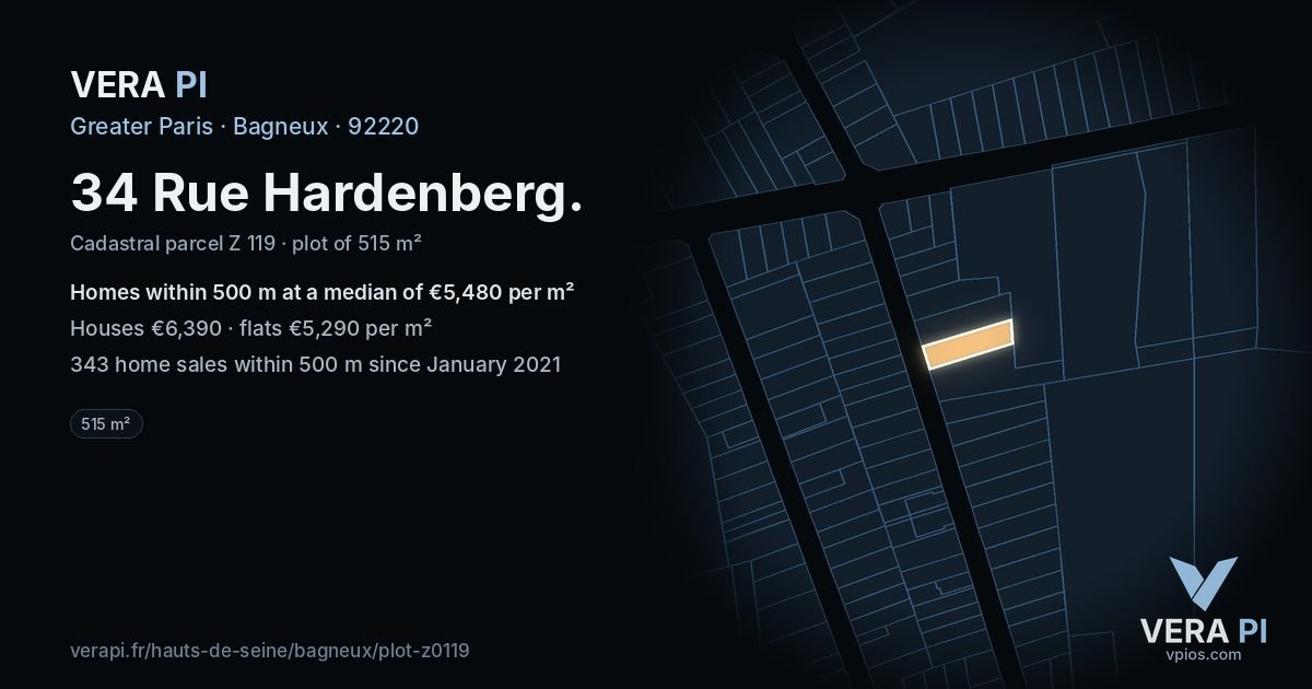 34 Rue Hardenberg, Bagneux at night – the plot lit, the parcels around coloured by the prices near them