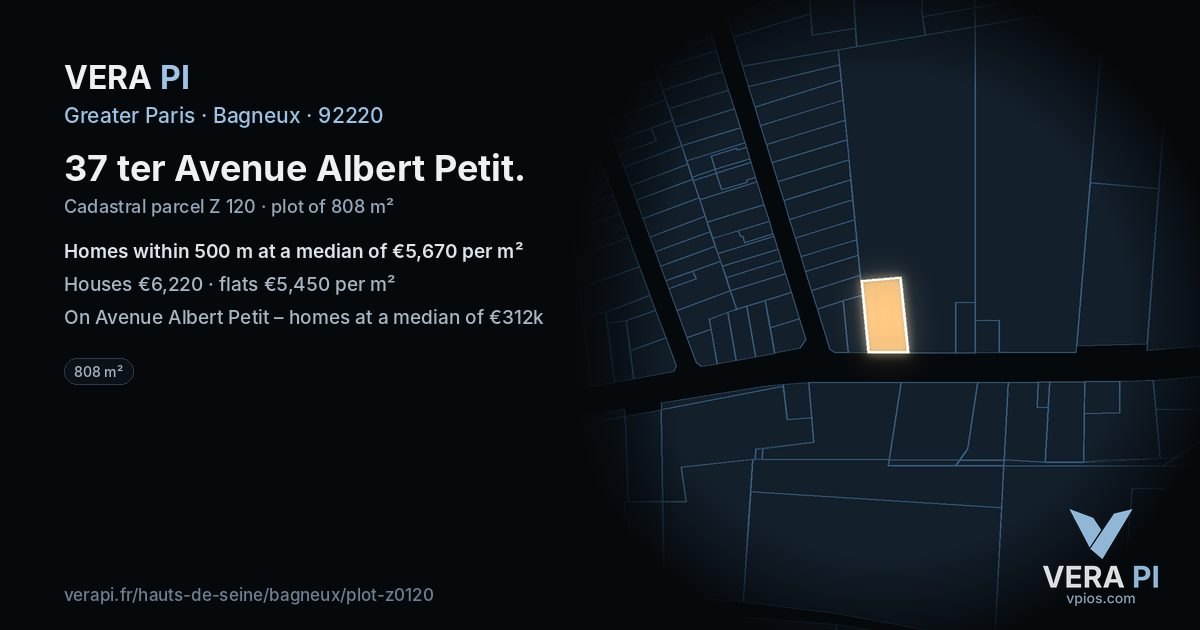 37 ter Avenue Albert Petit, Bagneux at night – the plot lit, the parcels around coloured by the prices near them