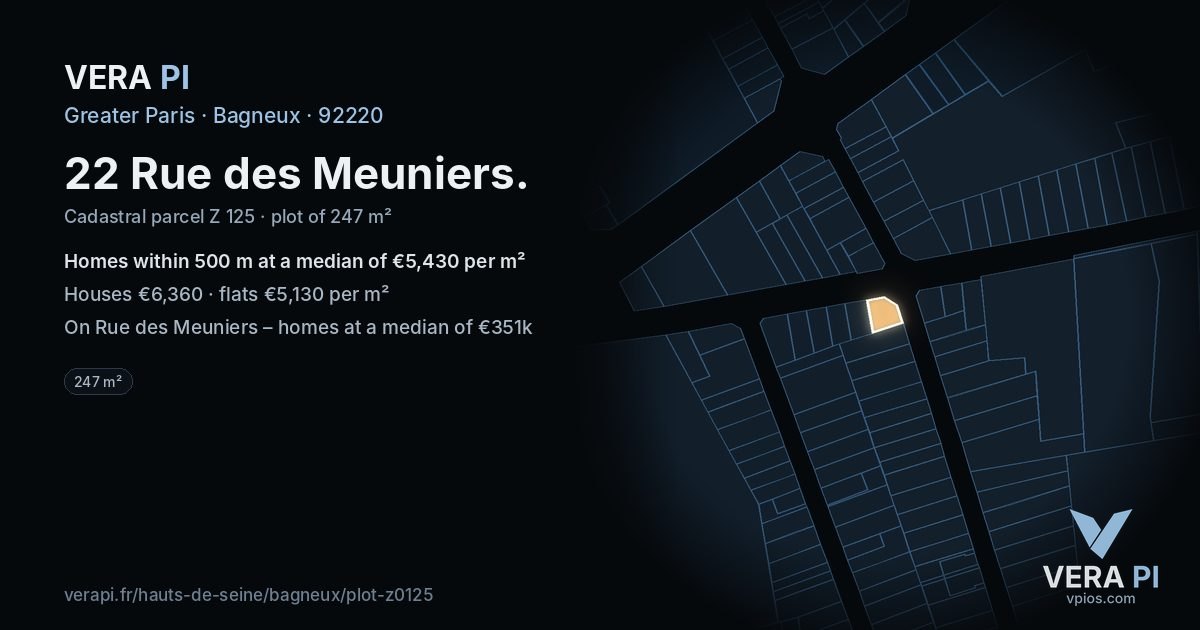22 Rue des Meuniers, Bagneux at night – the plot lit, the parcels around coloured by the prices near them