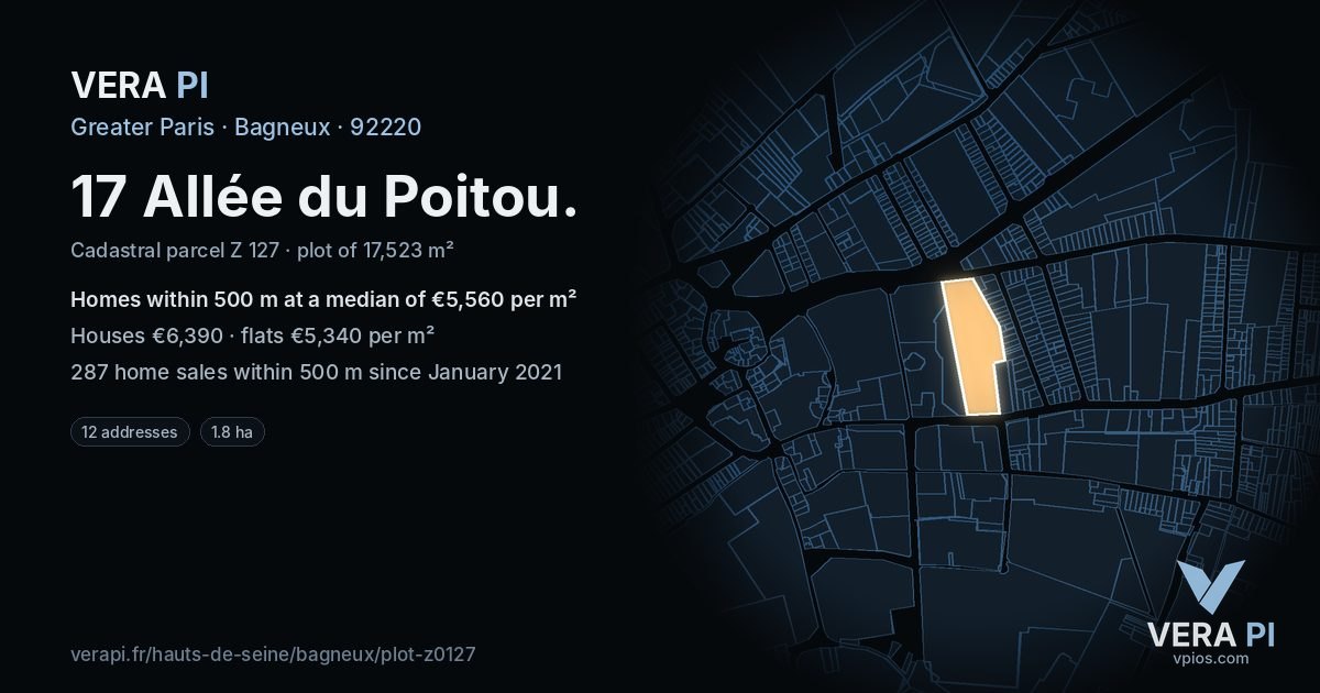 17 Allée du Poitou, Bagneux at night – the plot lit, the parcels around coloured by the prices near them