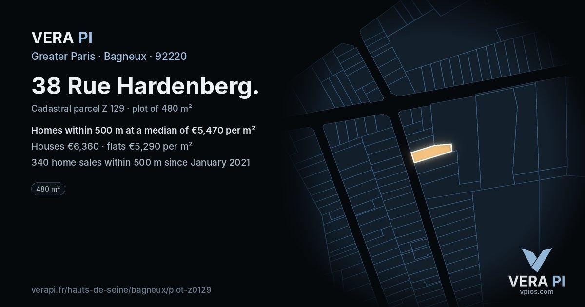 38 Rue Hardenberg, Bagneux at night – the plot lit, the parcels around coloured by the prices near them