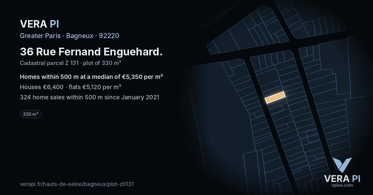 36 Rue Fernand Enguehard, Bagneux at night – the plot lit, the parcels around coloured by the prices near them