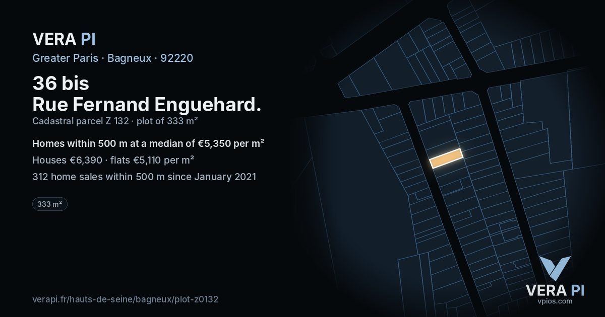 36 bis Rue Fernand Enguehard, Bagneux at night – the plot lit, the parcels around coloured by the prices near them