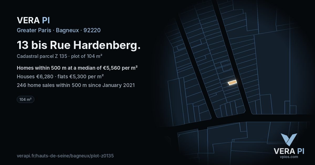 13 bis Rue Hardenberg, Bagneux at night – the plot lit, the parcels around coloured by the prices near them