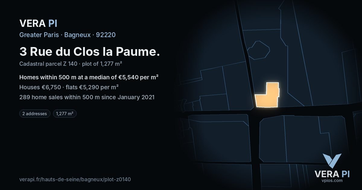 3 Rue du Clos la Paume, Bagneux at night – the plot lit, the parcels around coloured by the prices near them