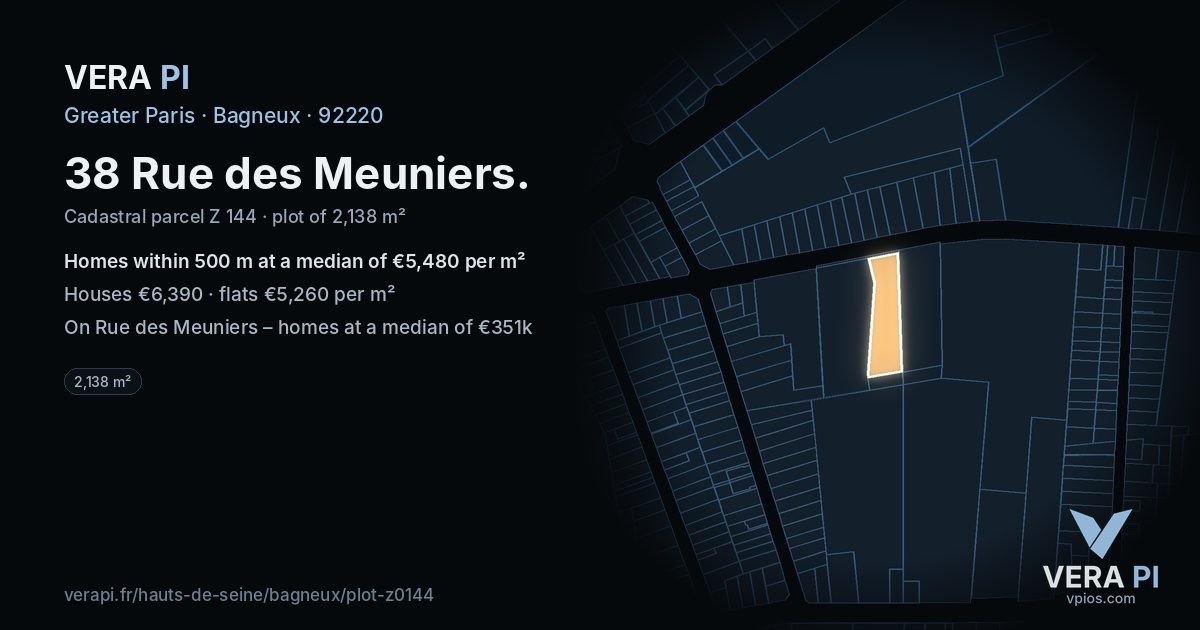 38 Rue des Meuniers, Bagneux at night – the plot lit, the parcels around coloured by the prices near them