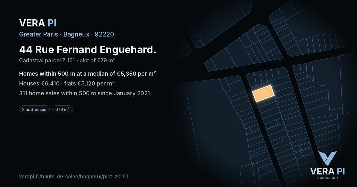 44 Rue Fernand Enguehard, Bagneux at night – the plot lit, the parcels around coloured by the prices near them