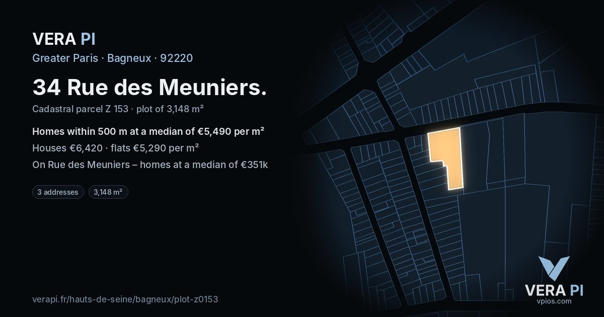 34 Rue des Meuniers, Bagneux at night – the plot lit, the parcels around coloured by the prices near them