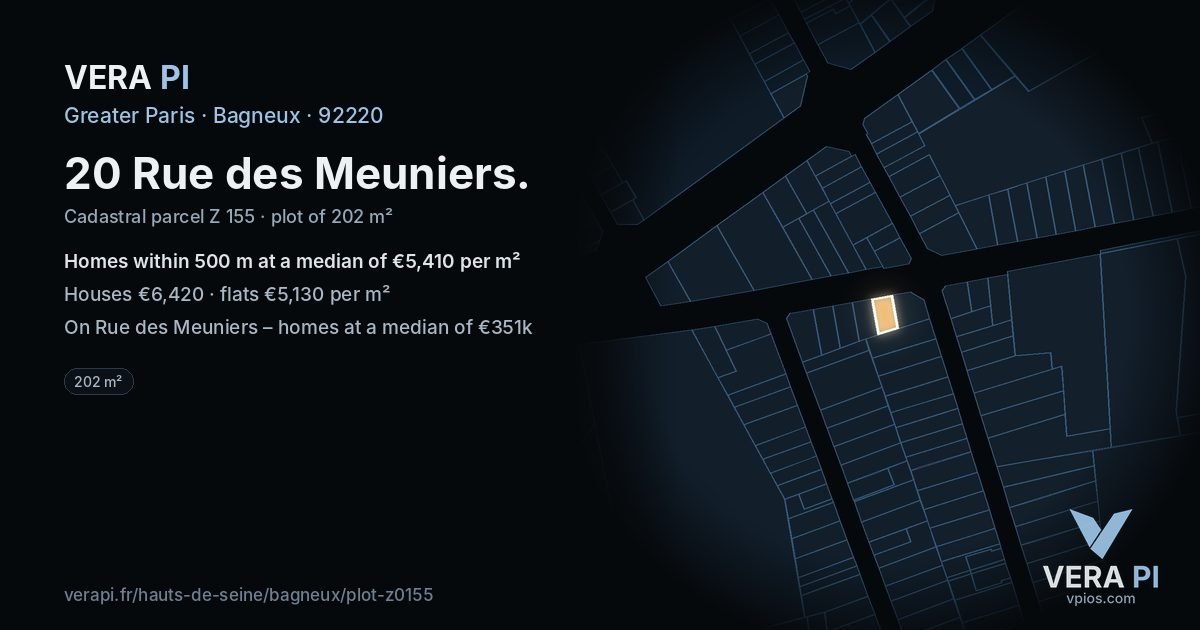 20 Rue des Meuniers, Bagneux at night – the plot lit, the parcels around coloured by the prices near them