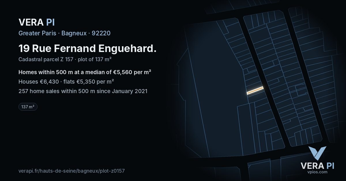 19 Rue Fernand Enguehard, Bagneux at night – the plot lit, the parcels around coloured by the prices near them