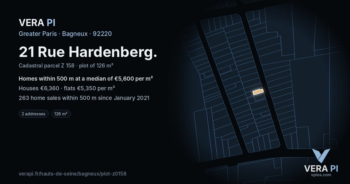 21 Rue Hardenberg, Bagneux at night – the plot lit, the parcels around coloured by the prices near them