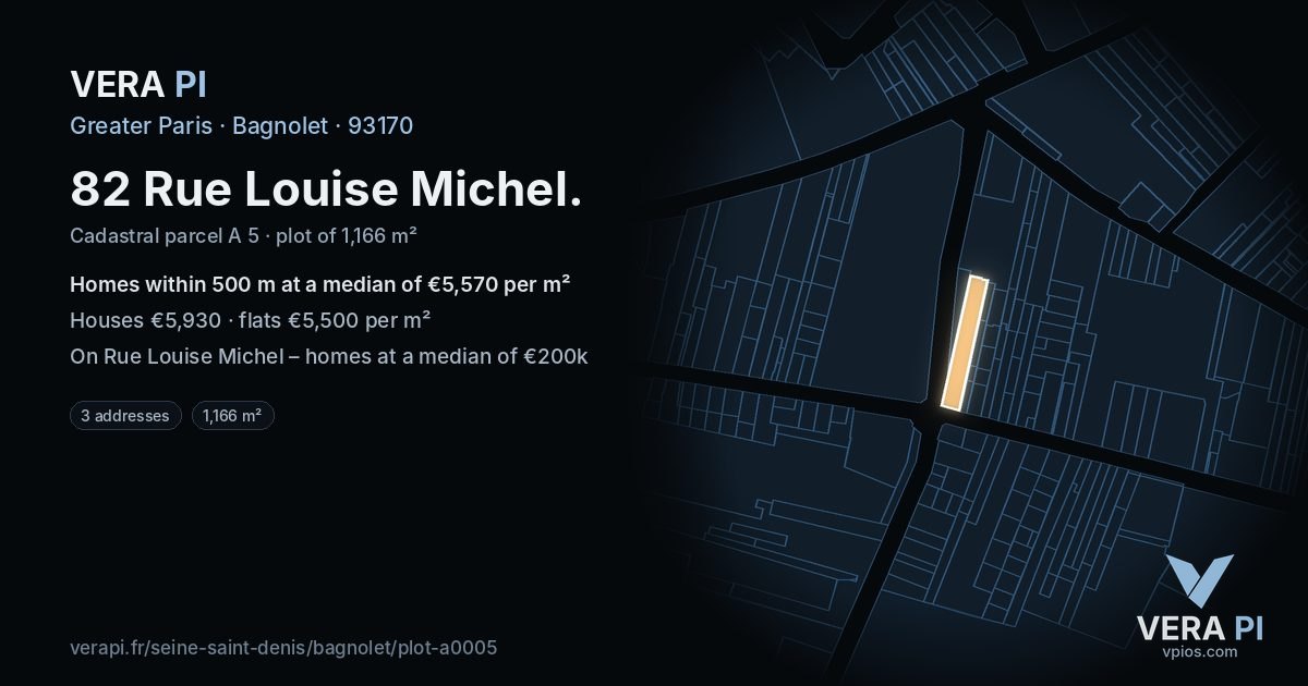 82 Rue Louise Michel, Bagnolet at night – the plot lit, the parcels around coloured by the prices near them