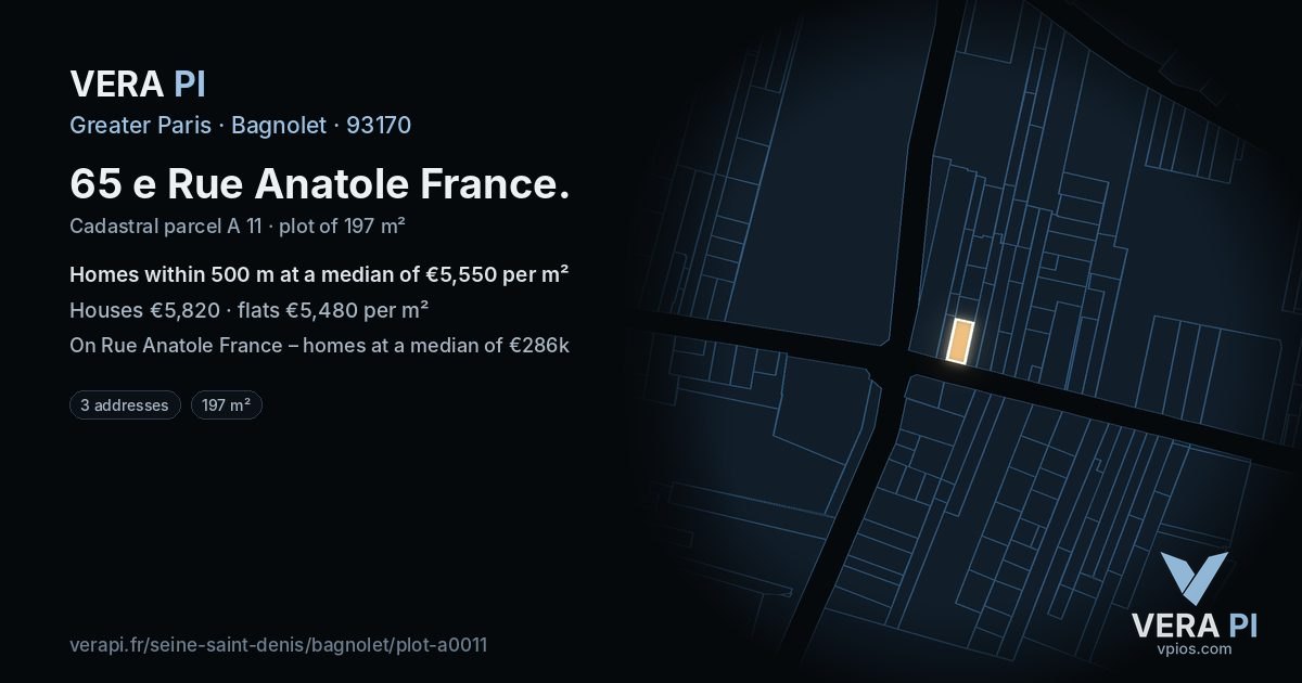 65 e Rue Anatole France, Bagnolet at night – the plot lit, the parcels around coloured by the prices near them