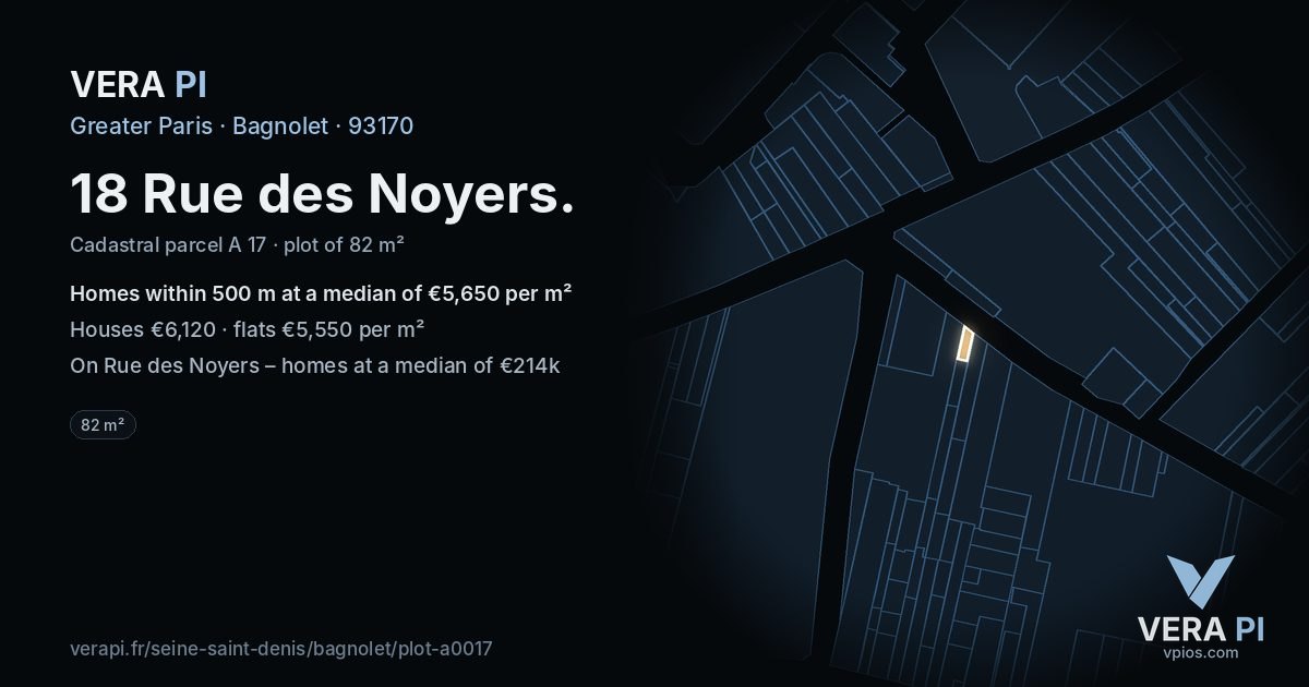 18 Rue des Noyers, Bagnolet at night – the plot lit, the parcels around coloured by the prices near them