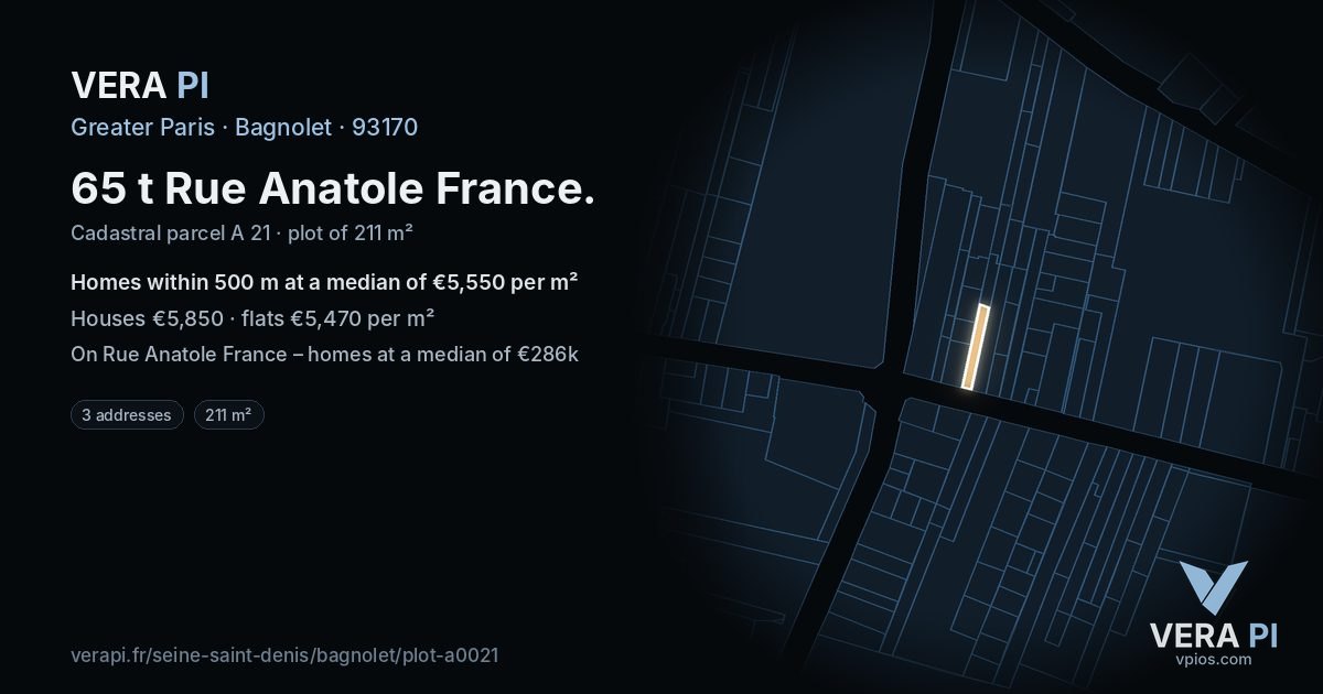 65 t Rue Anatole France, Bagnolet at night – the plot lit, the parcels around coloured by the prices near them