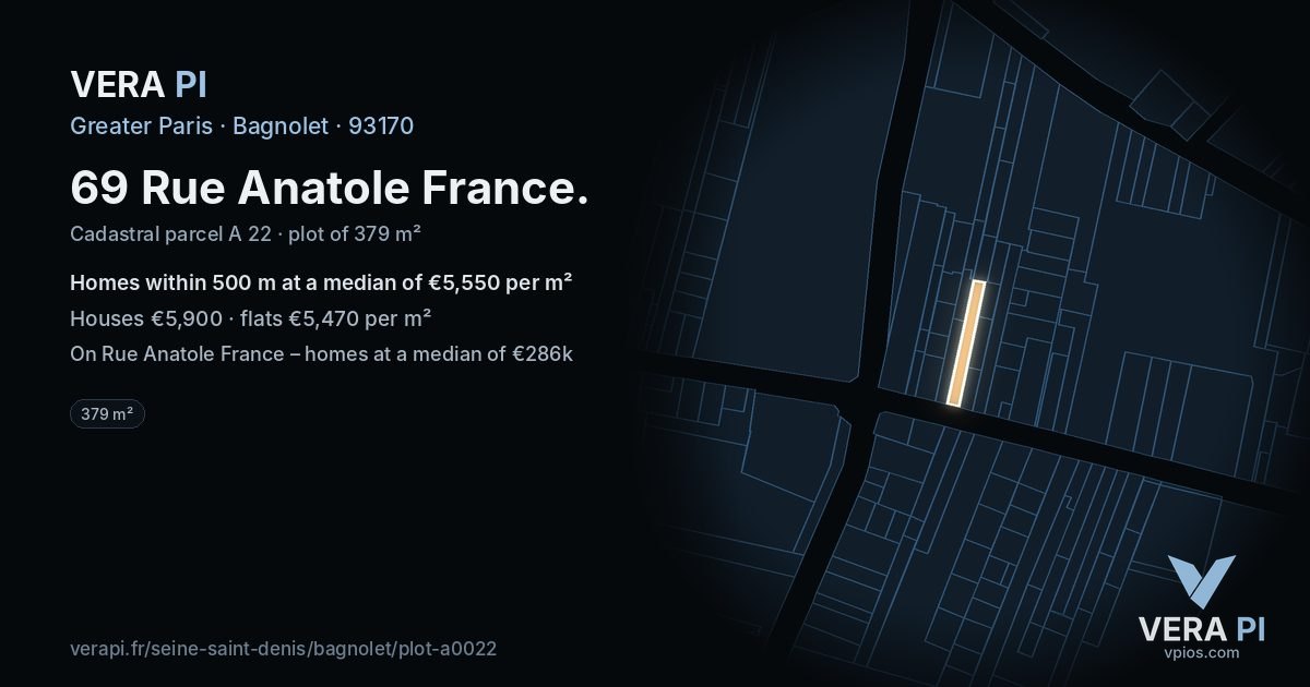 69 Rue Anatole France, Bagnolet at night – the plot lit, the parcels around coloured by the prices near them