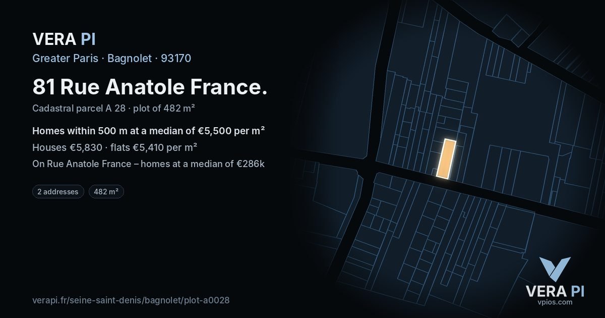 81 Rue Anatole France, Bagnolet at night – the plot lit, the parcels around coloured by the prices near them