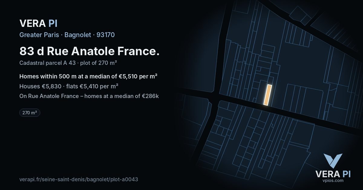 83 d Rue Anatole France, Bagnolet at night – the plot lit, the parcels around coloured by the prices near them