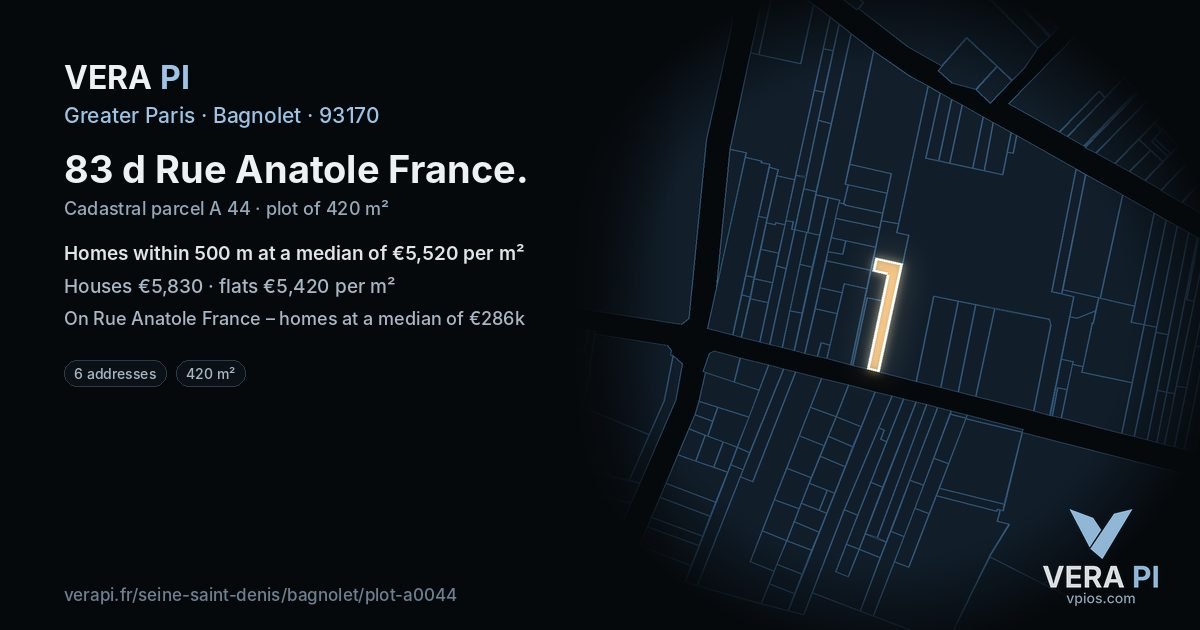 83 d Rue Anatole France, Bagnolet at night – the plot lit, the parcels around coloured by the prices near them