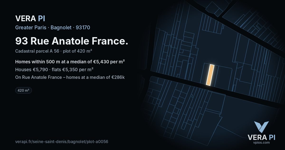 93 Rue Anatole France, Bagnolet at night – the plot lit, the parcels around coloured by the prices near them