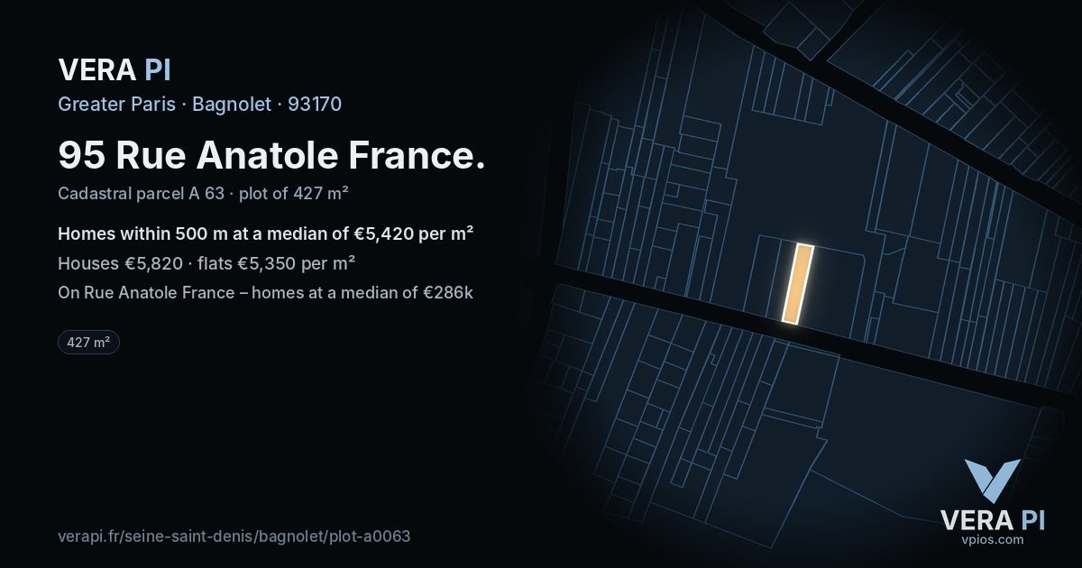 95 Rue Anatole France, Bagnolet at night – the plot lit, the parcels around coloured by the prices near them
